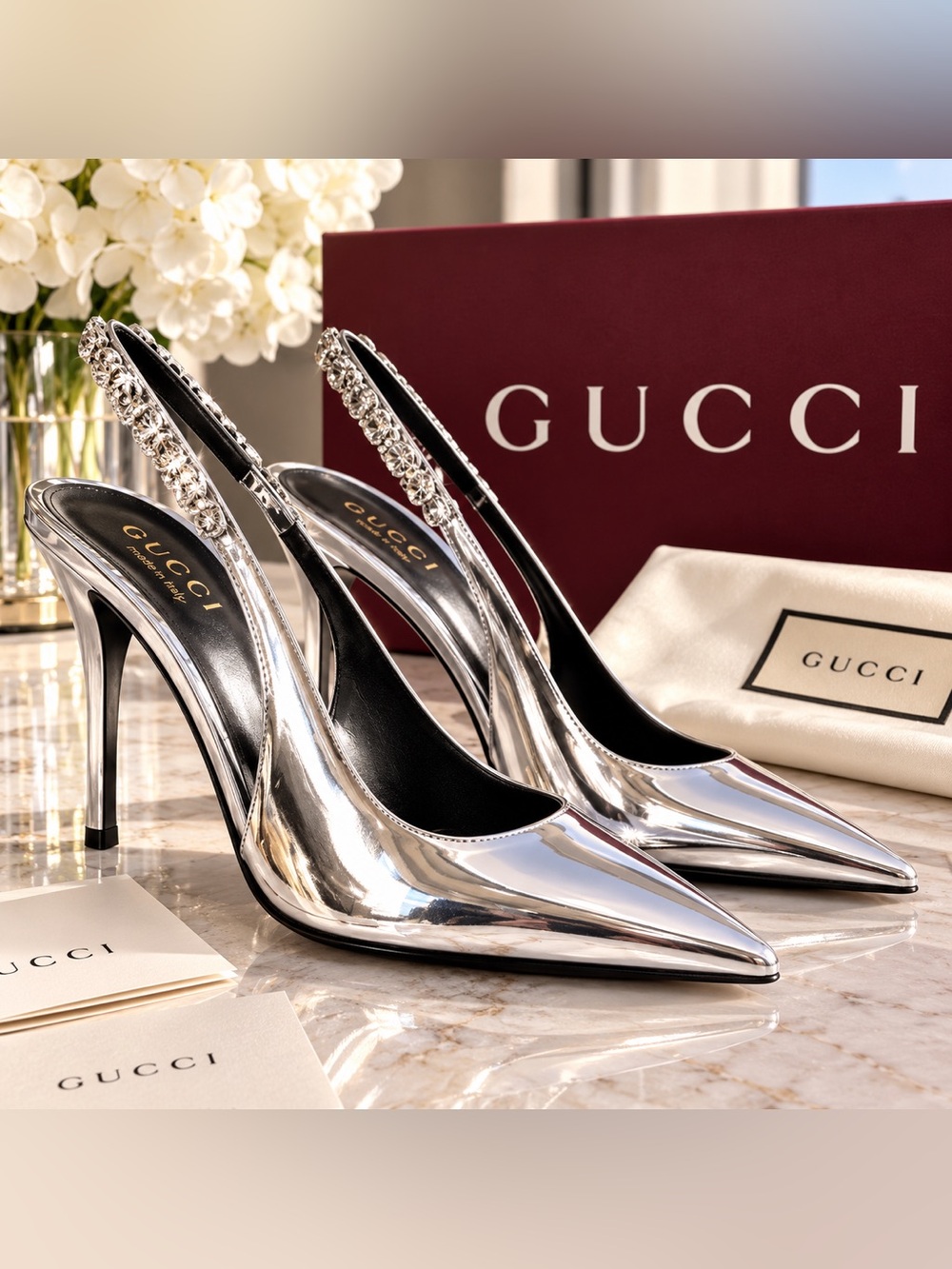 NEW Gucci Signorina Silver Metallic Leather Slingback Pumps EU 38.5. Heels 11 cm